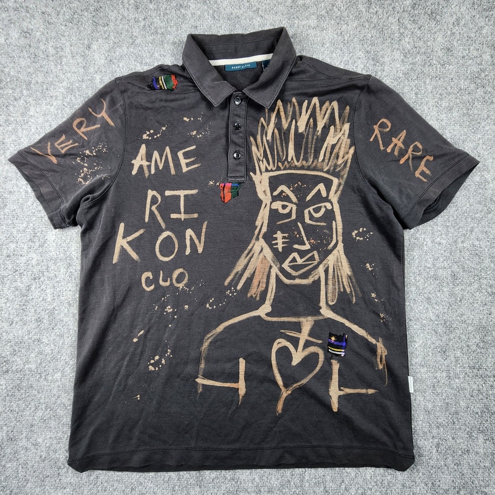 Perry‎ Ellis Custom Bleach Graphic Polo Shirt Black Mens Large Amerikon Clo Rare